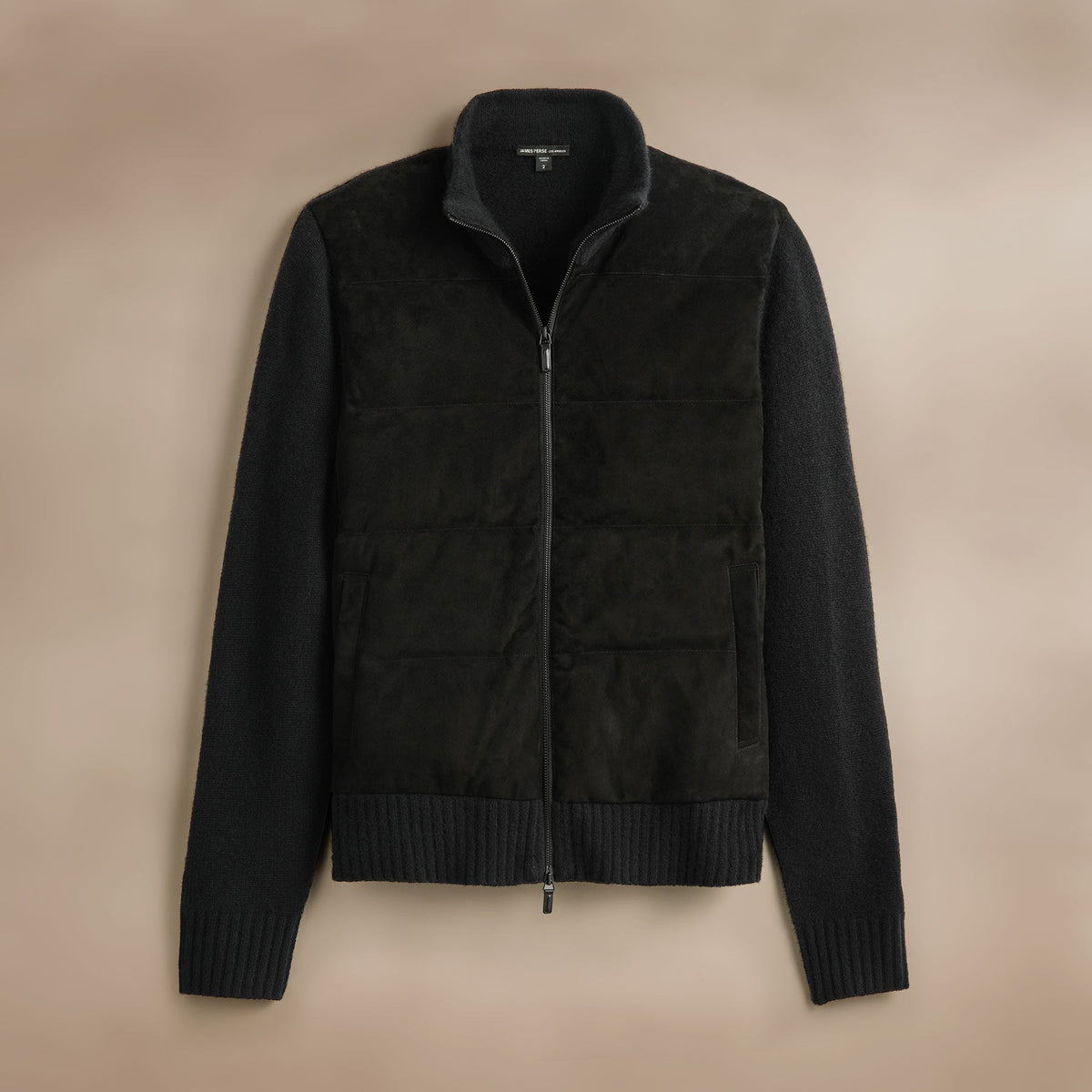 Suede Front Zip Up Sweater  in Black | James Perse Los Angeles