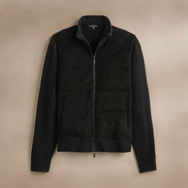 Suede Front Zip Up Sweater  in Black | James Perse Los Angeles