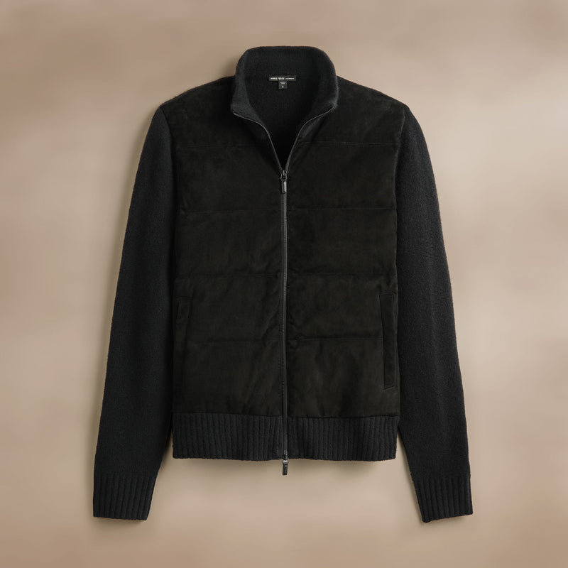 Suede Front Zip Up Sweater  in Black | James Perse Los Angeles