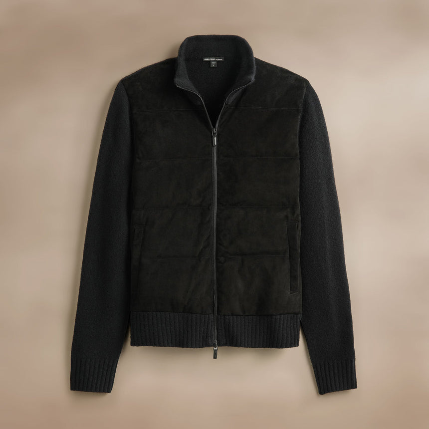 Suede Front Zip Up Sweater  in Black | James Perse Los Angeles