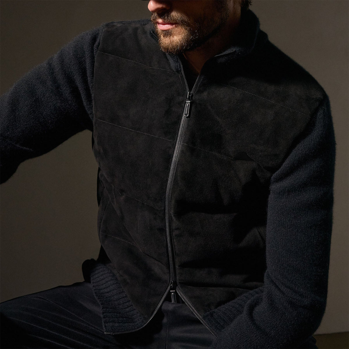 Suede Front Zip Up Sweater in Black | James Perse Los Angeles