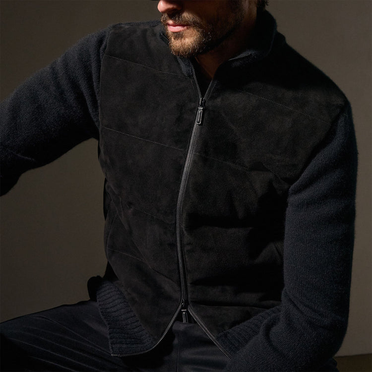 Suede Front Zip Up Sweater in Black | James Perse Los Angeles