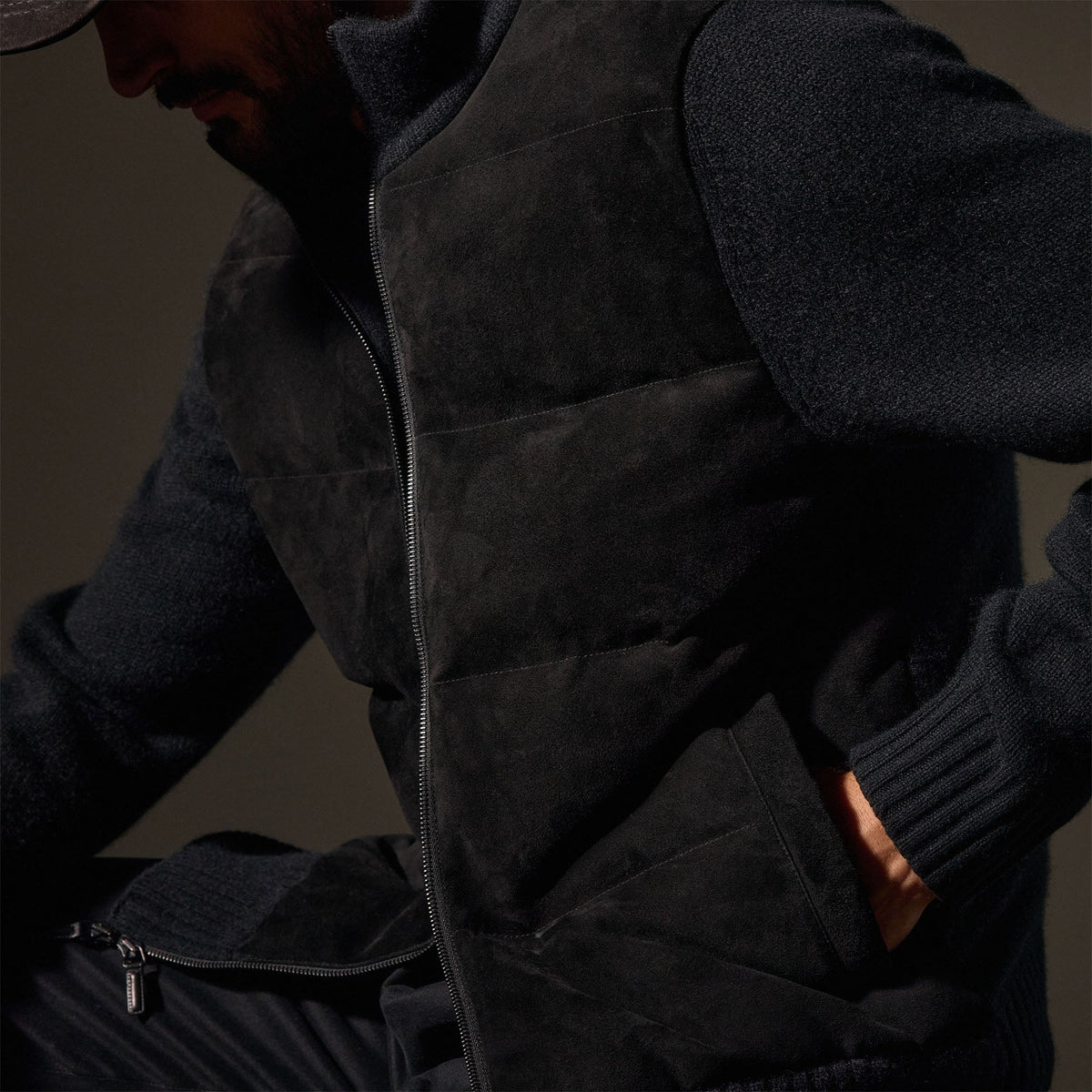 Suede Front Zip Up Sweater in Black | James Perse Los Angeles