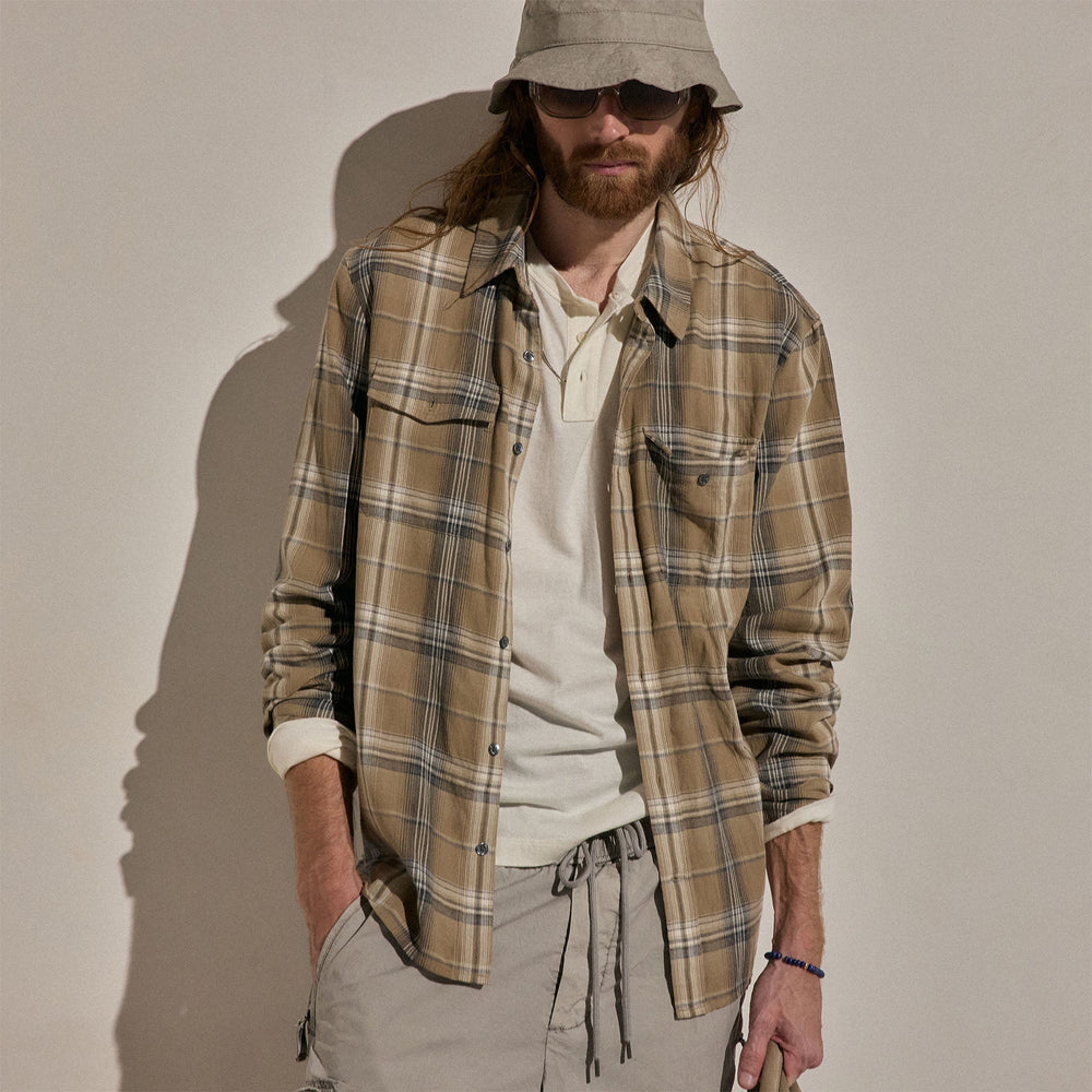 Plaid Cotton Shirt in Tan/Black Plaid | James Perse Los Angeles