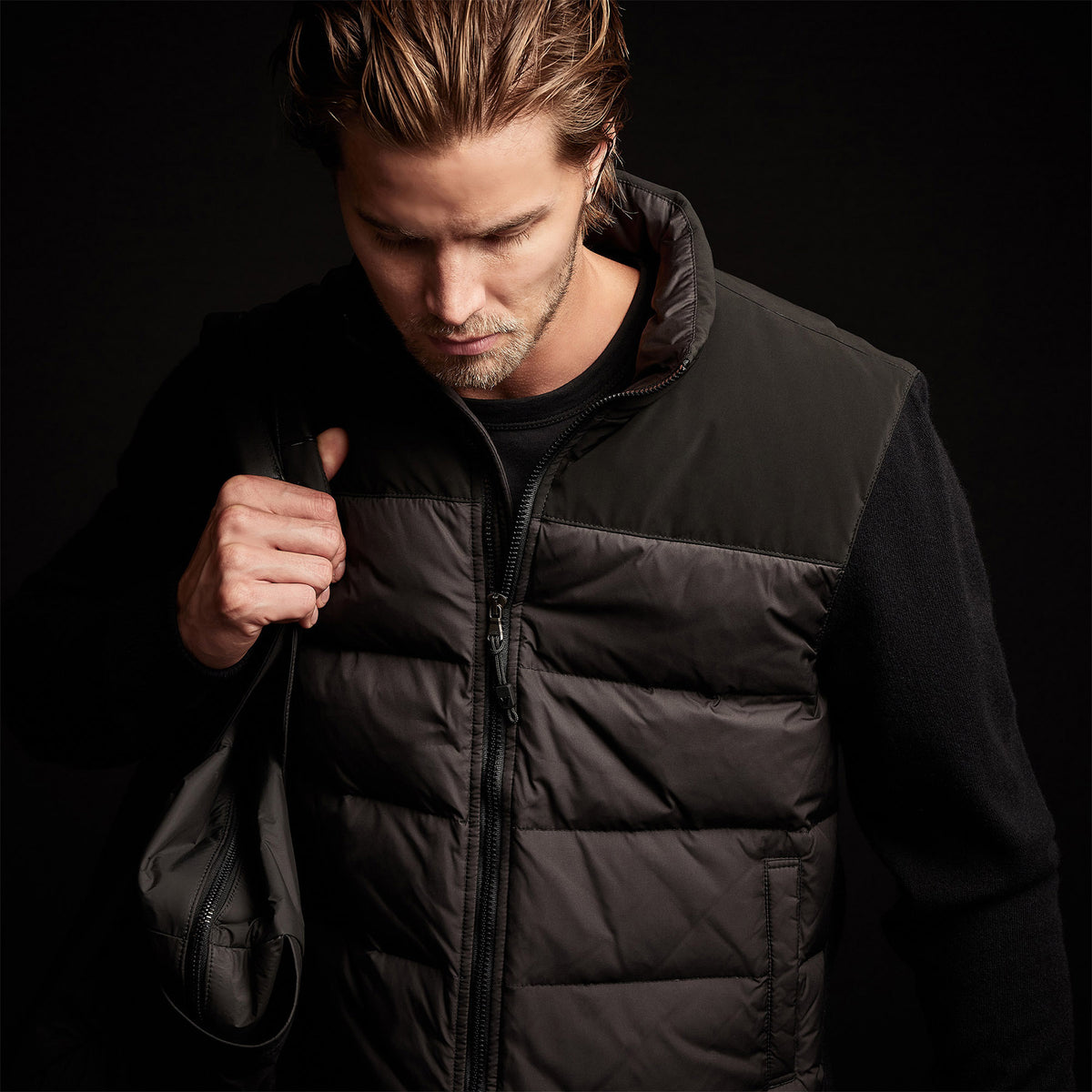 Luxury Down Front Zip Sweater in Black | James Perse Los Angeles