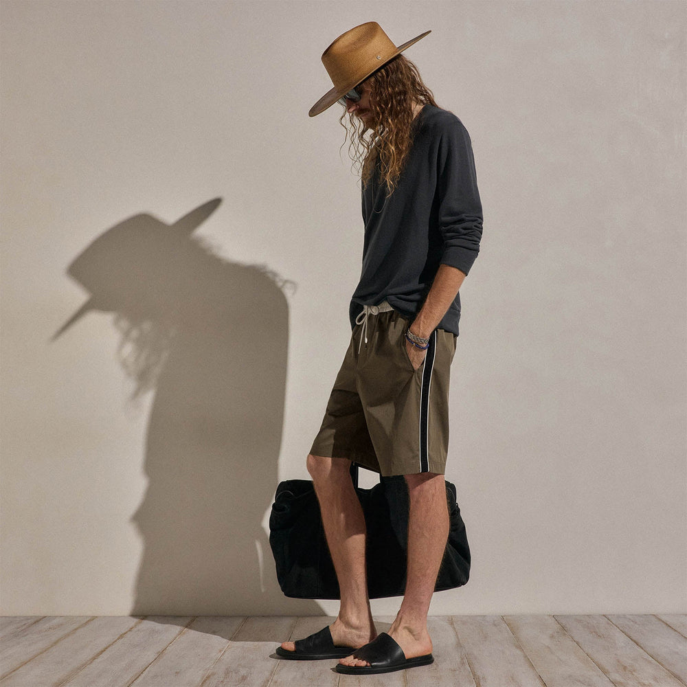Elevated Cotton Twill Track Short in Light Olive/Black/White | James Perse Los Angeles