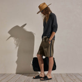 Elevated Cotton Twill Track Short in Light Olive/Black/White | James Perse Los Angeles