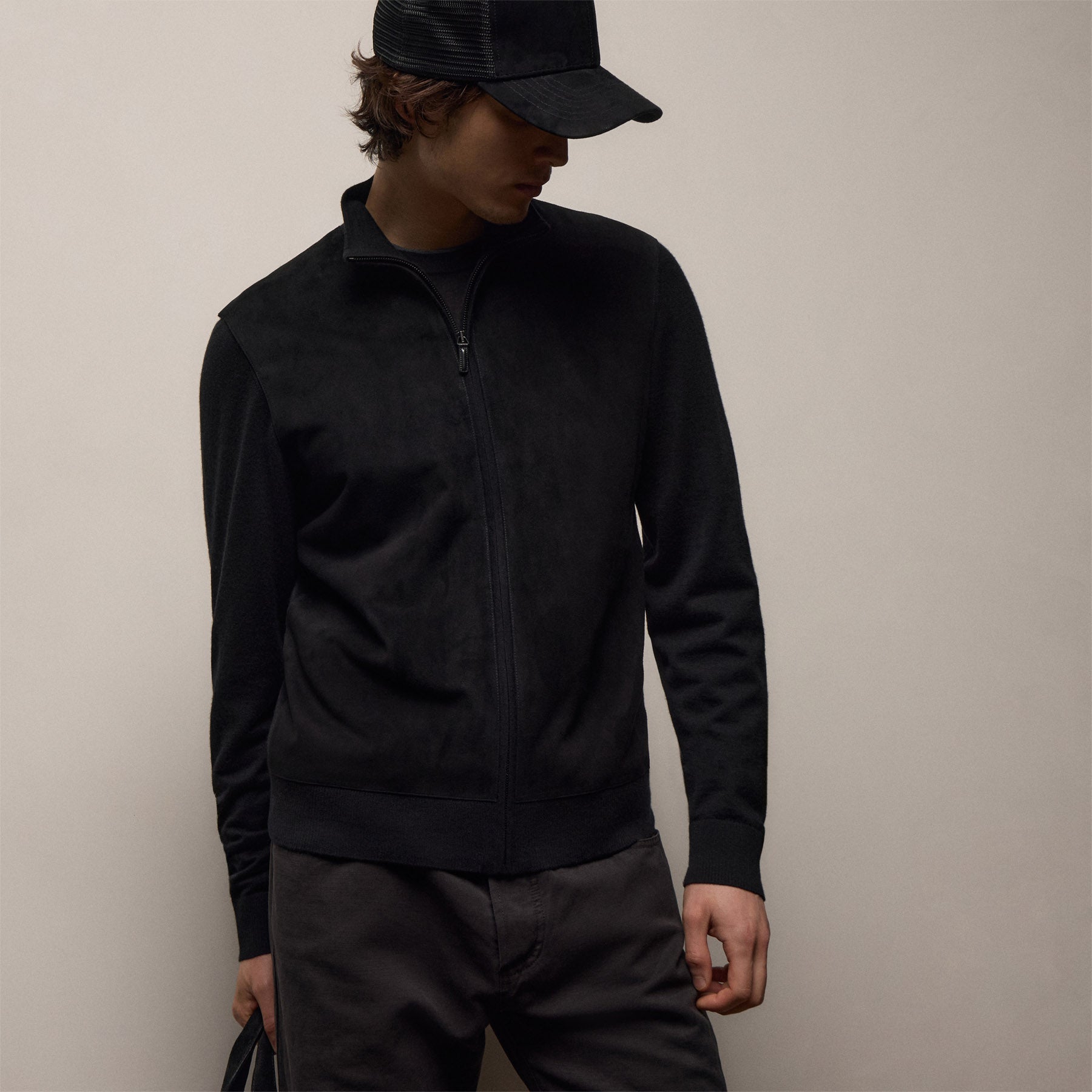 Ultrafine Cashmere Suede Front Zip Cardigan In Black | James Perse Los Angeles