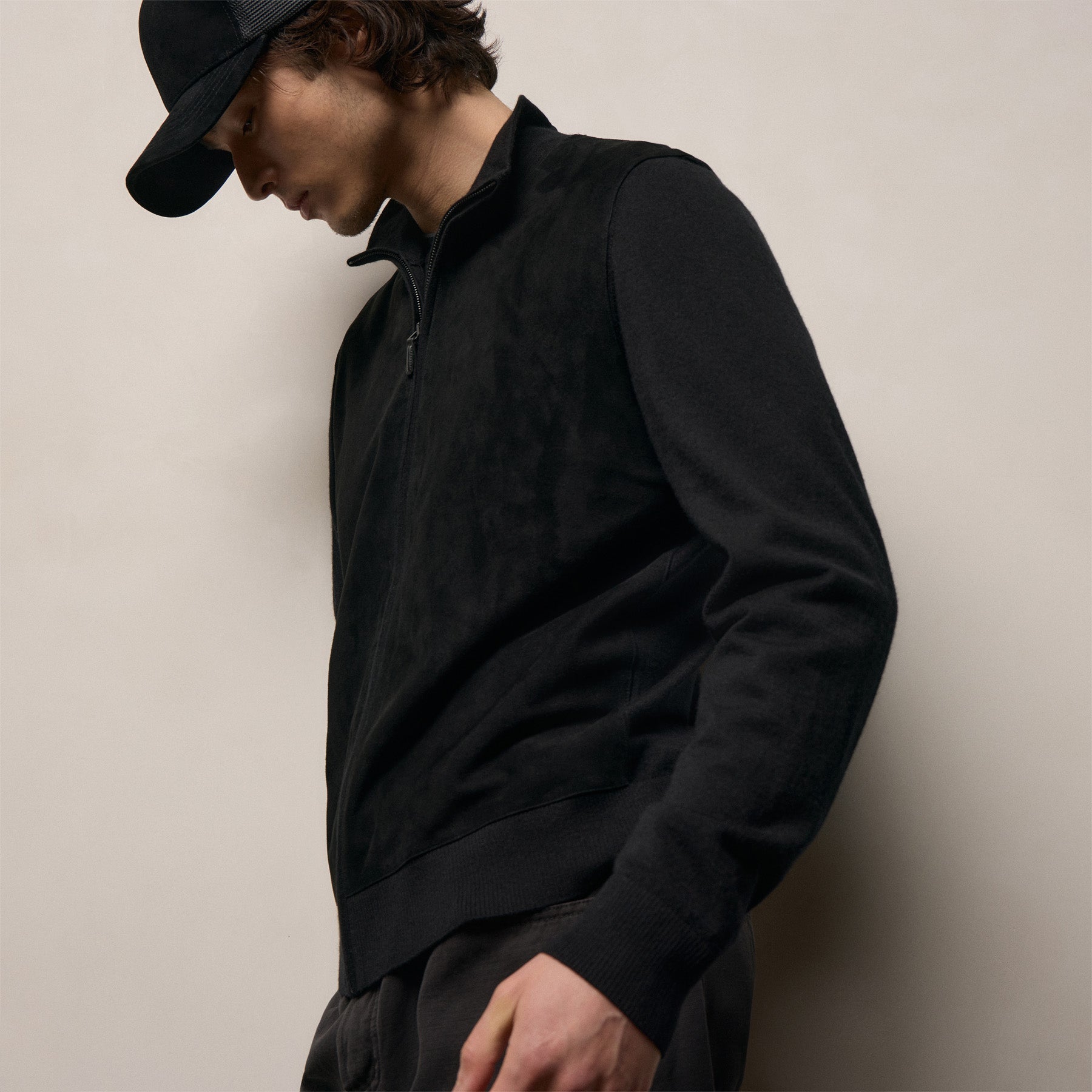 Ultrafine Cashmere Suede Front Zip Cardigan In Black | James Perse Los Angeles