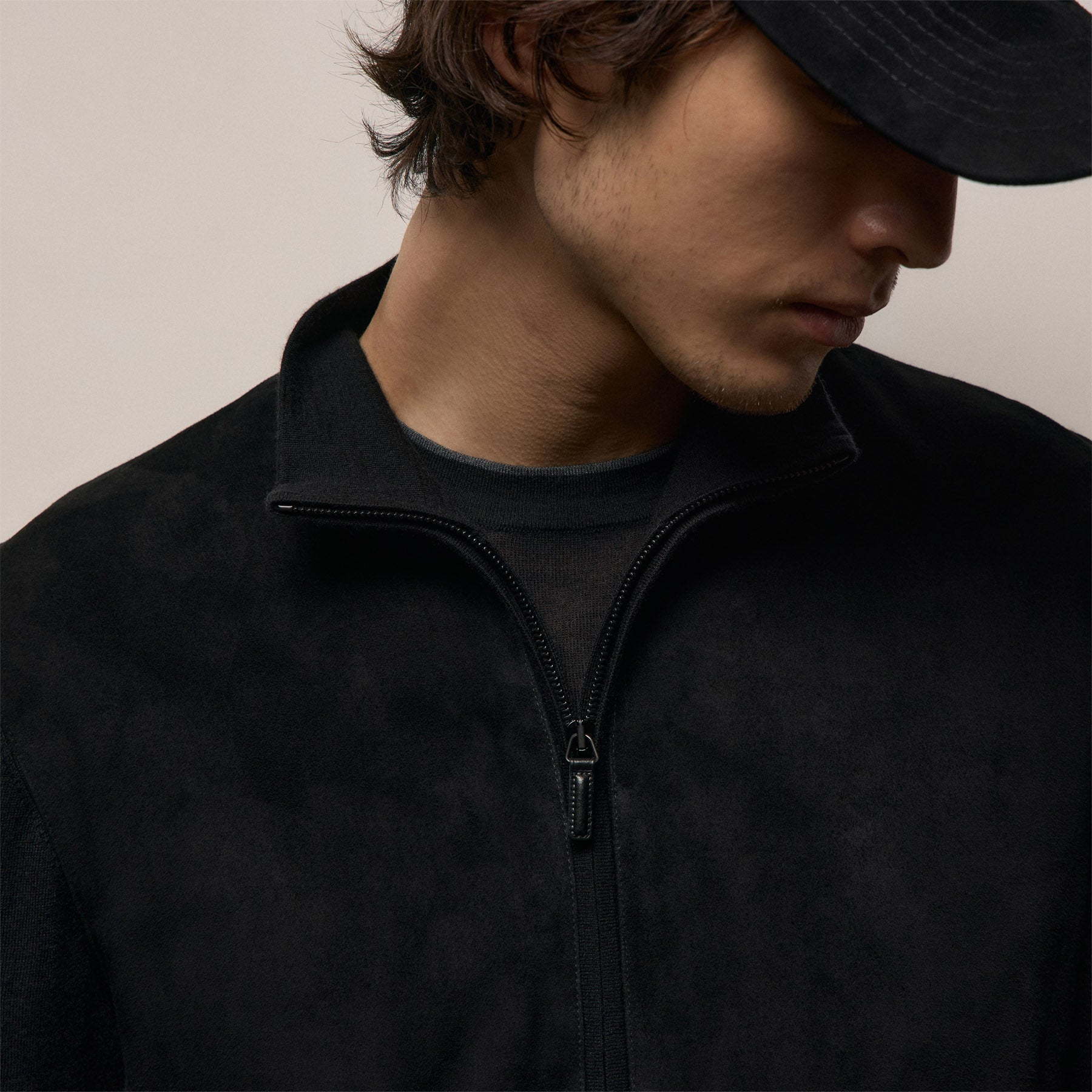 Ultrafine Cashmere Suede Front Zip Cardigan In Black | James Perse Los Angeles