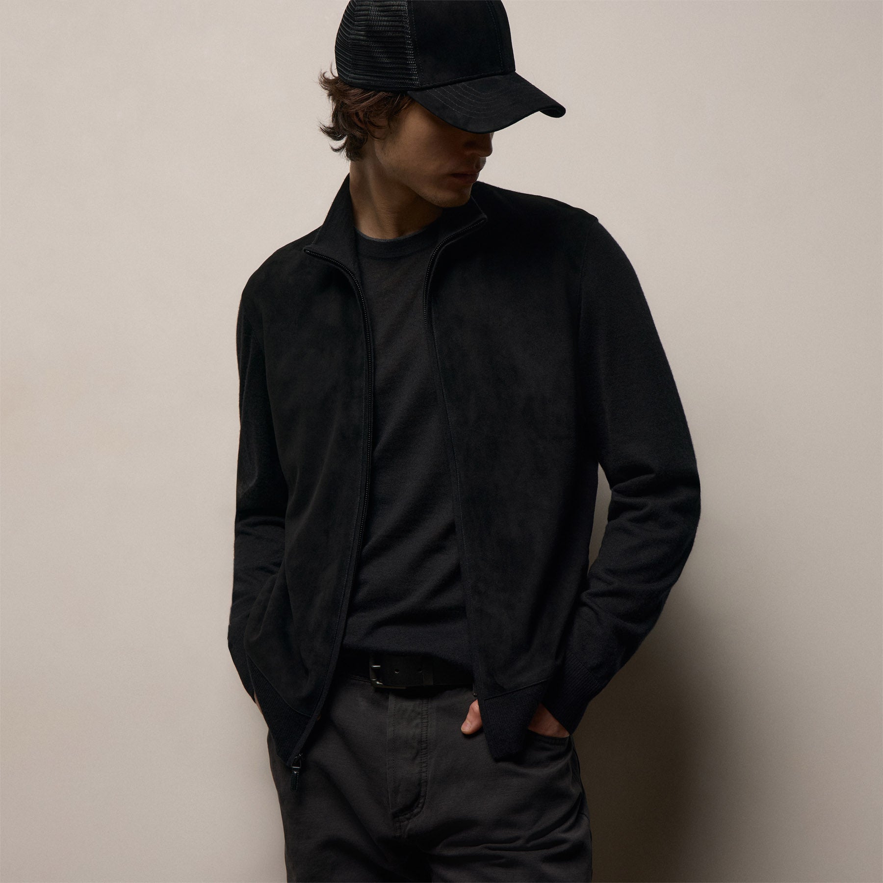 Ultrafine Cashmere Suede Front Zip Cardigan In Black | James Perse Los Angeles