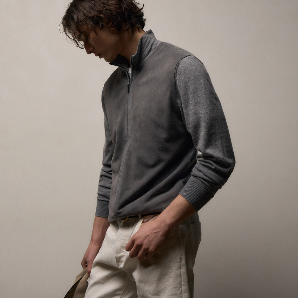 Ultrafine Cashmere Suede Front Zip Cardigan In Heather Grey | James Perse Los Angeles