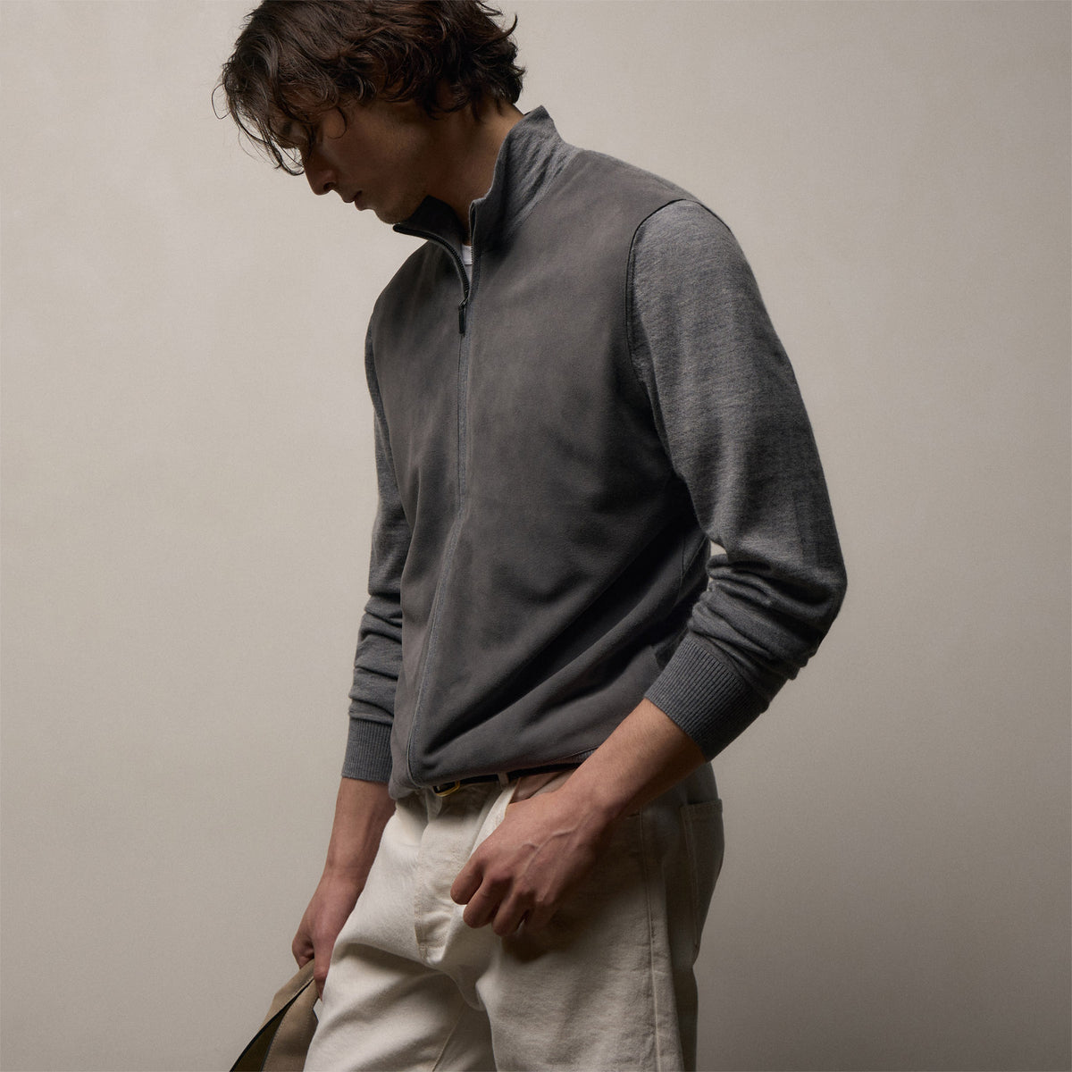 Ultrafine Cashmere Suede Front Zip Cardigan In Heather Grey | James Perse Los Angeles