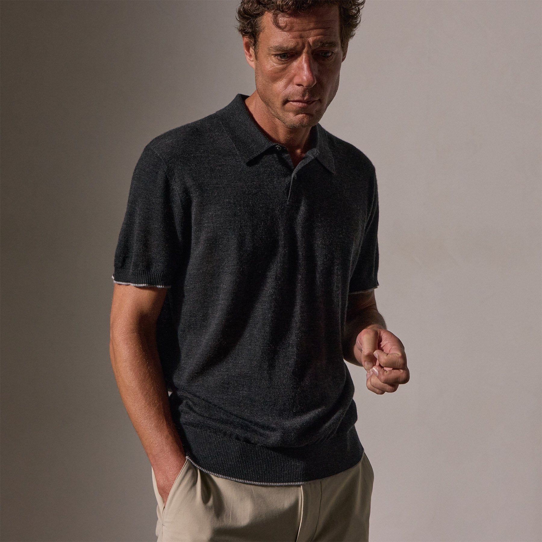 Ultrafine Cashmere Tipped Polo - Coal/Light Heather Grey | James