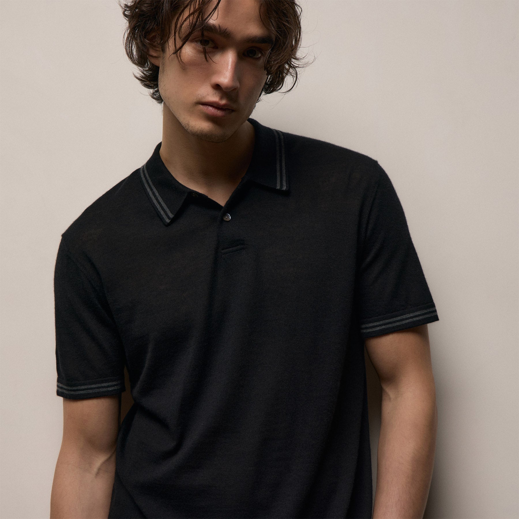 Ultrafine Cashmere Tipped Polo in Black/Charcoal | James Perse Los Angeles