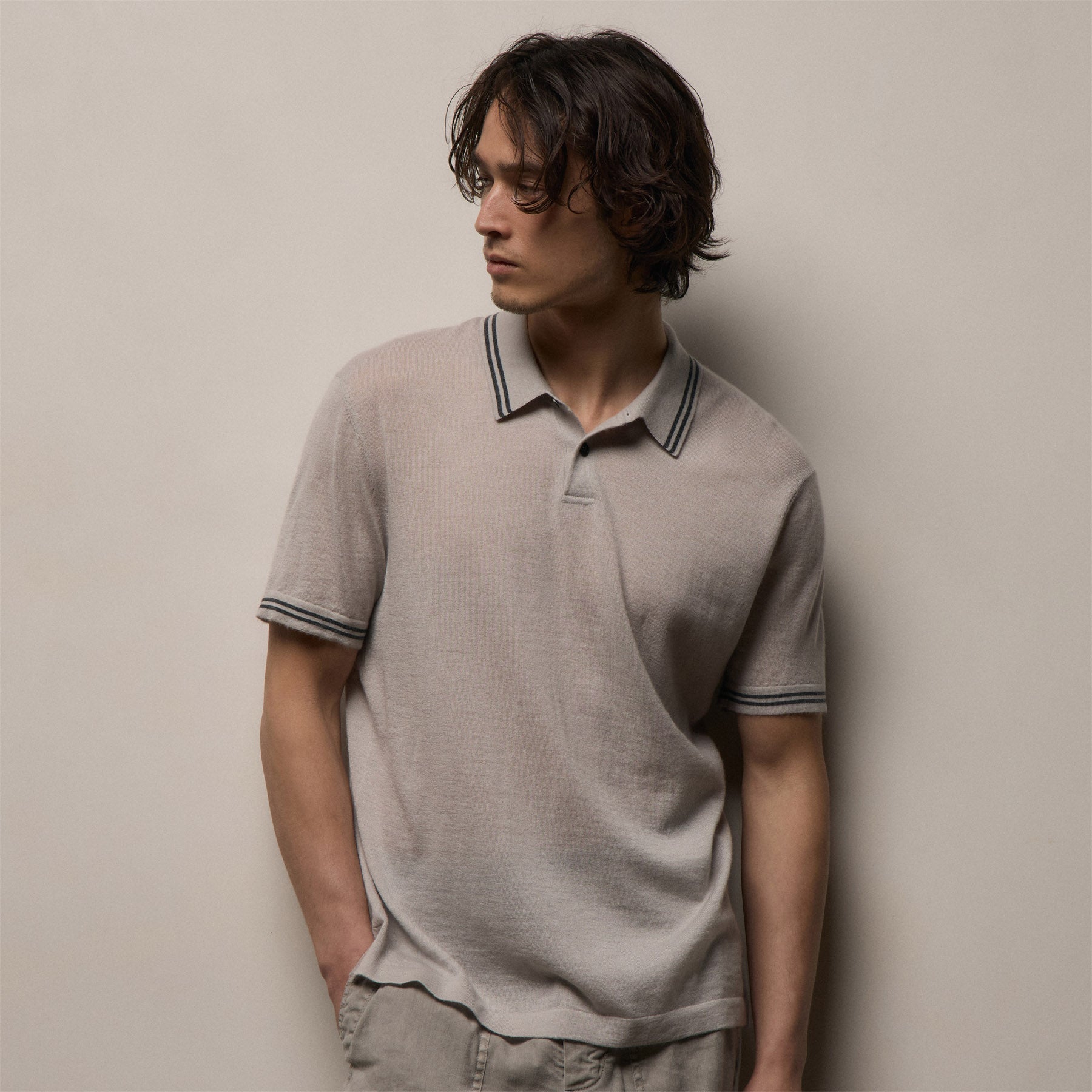 Ultrafine Cashmere Tipped Polo in Fog/Charcoal | James Perse Los Angeles
