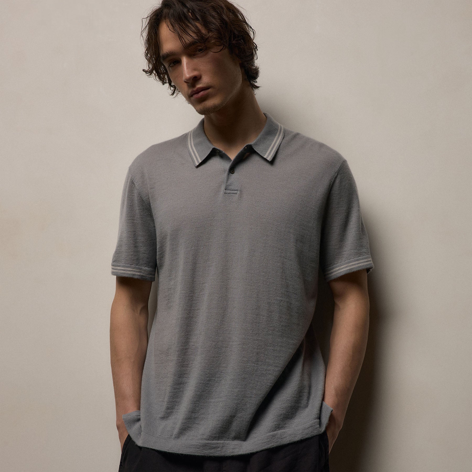 Ultrafine Cashmere Tipped Polo in Ore/Fog | James Perse Los Angeles