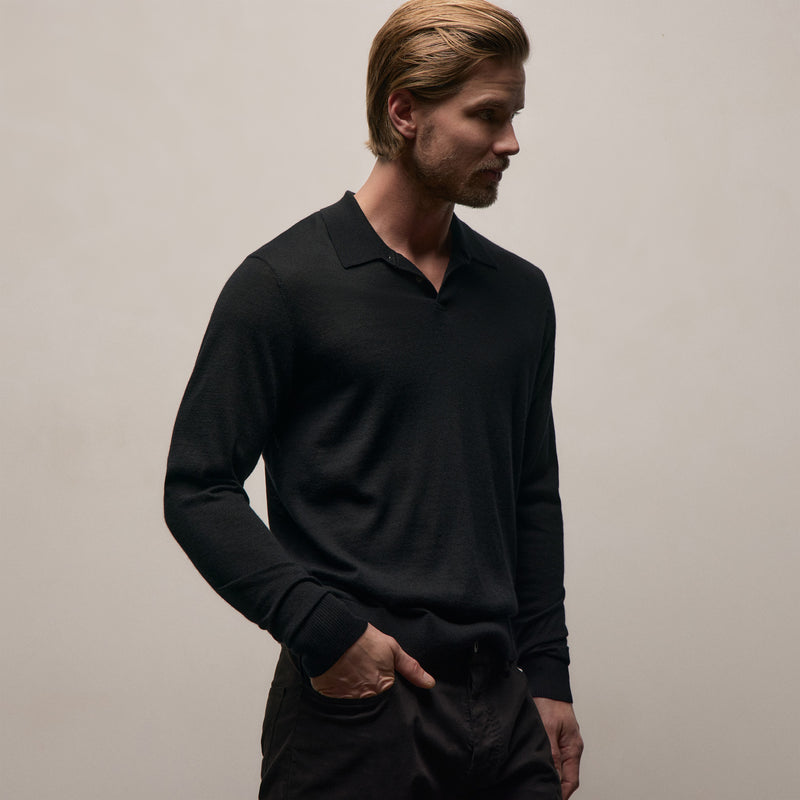 Ultrafine Cashmere Long Sleeve Polo in Black | James Perse Los Angeles