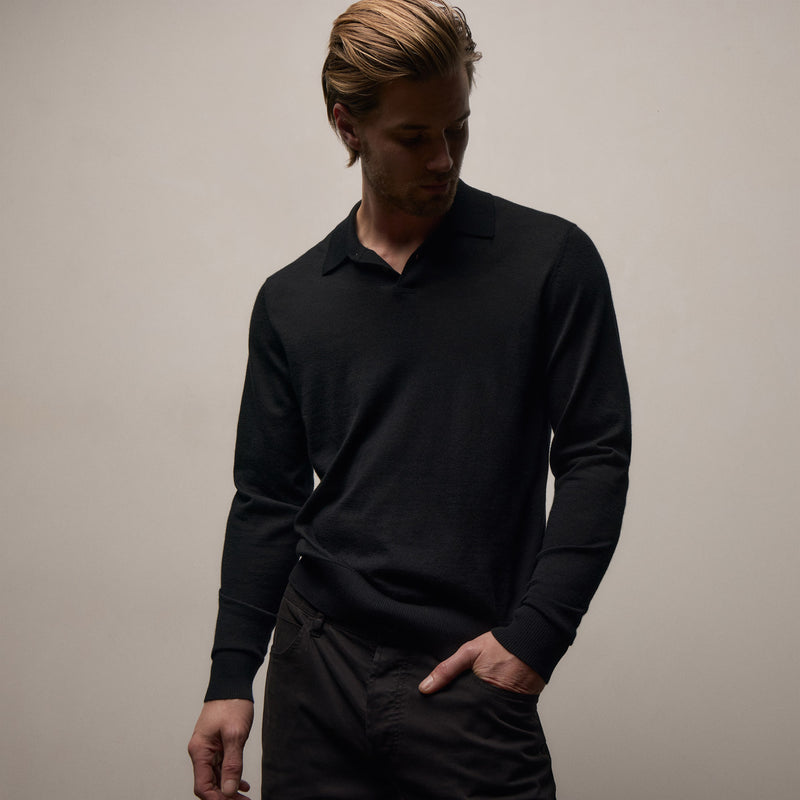 Ultrafine Cashmere Long Sleeve Polo in Black | James Perse Los Angeles