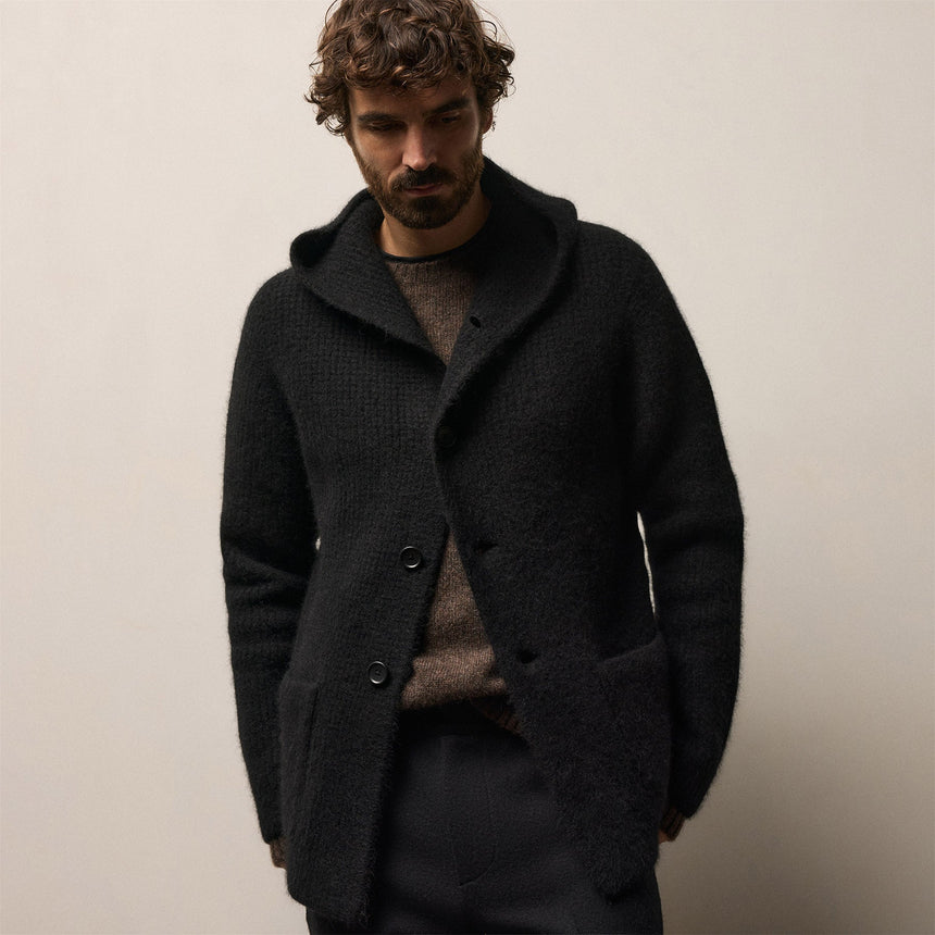 Chunky Waffle Knit Hooded Coat in Black | James Perse Los Angeles