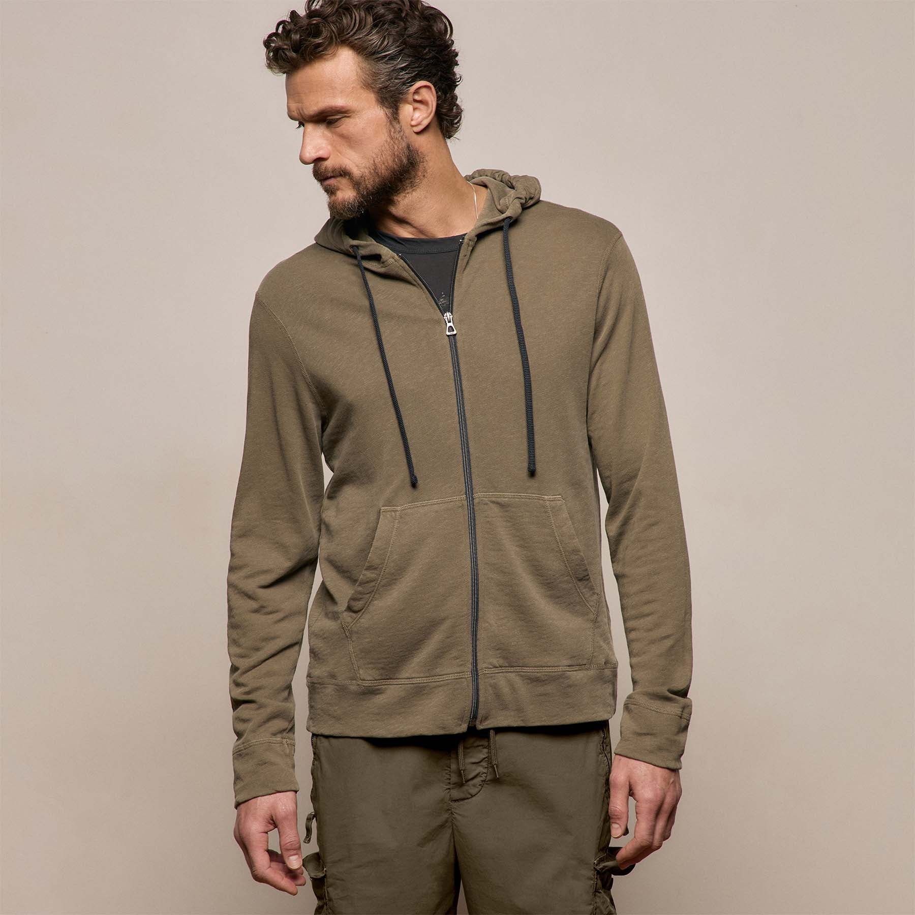 Vintage French Terry Zip Up Hoodie in Light Olive Pigment | James Perse Los Angeles