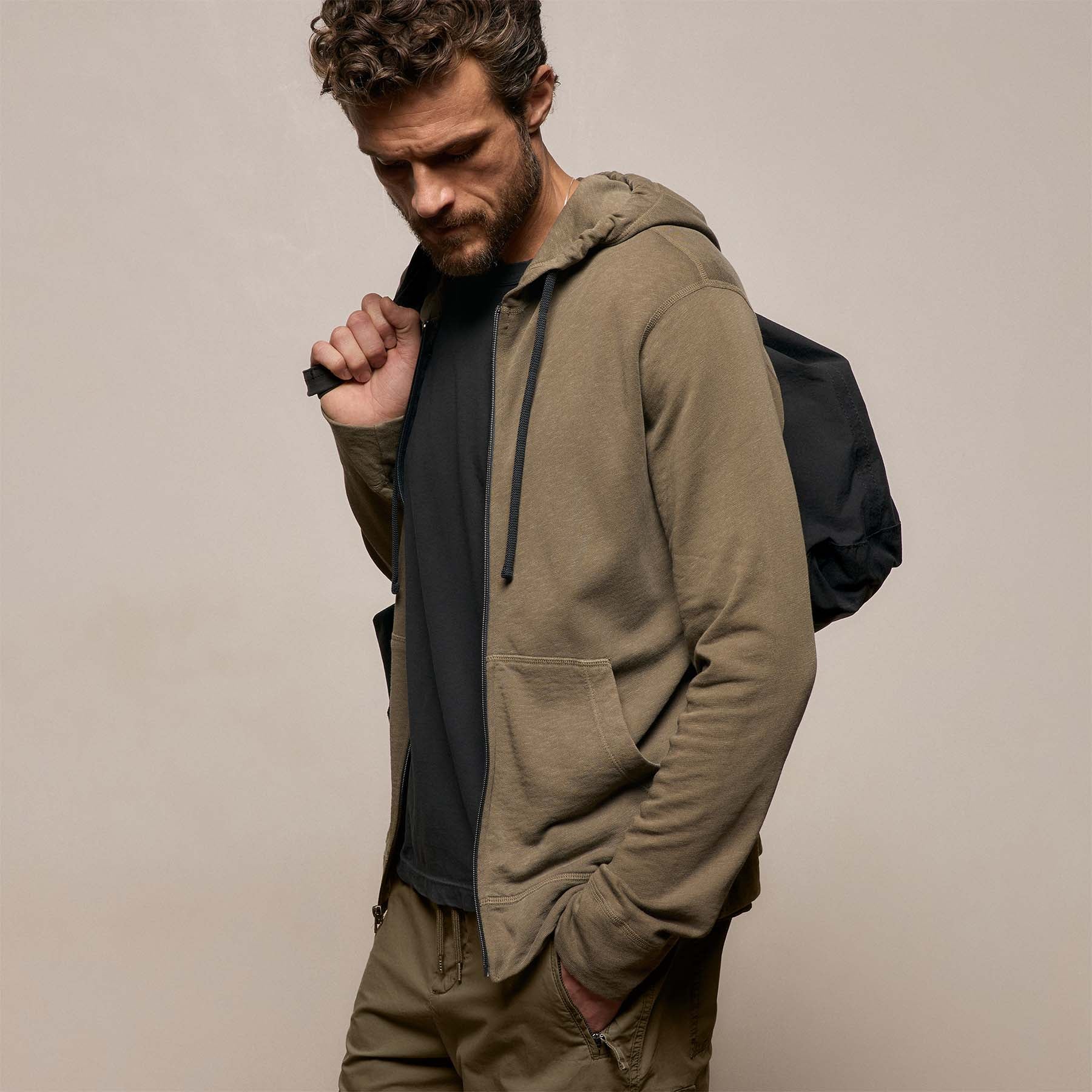 Vintage French Terry Zip Up Hoodie in Light Olive Pigment | James Perse Los Angeles
