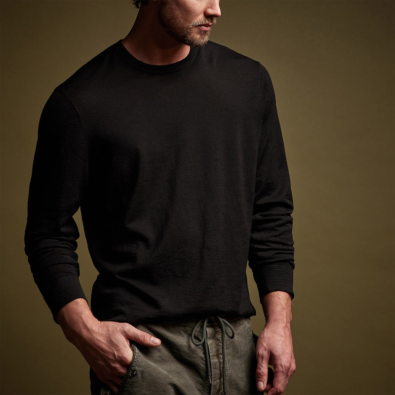 Linen Blend Long Sleeve Contrast Crew in Black/White | James Perse Los Angeles