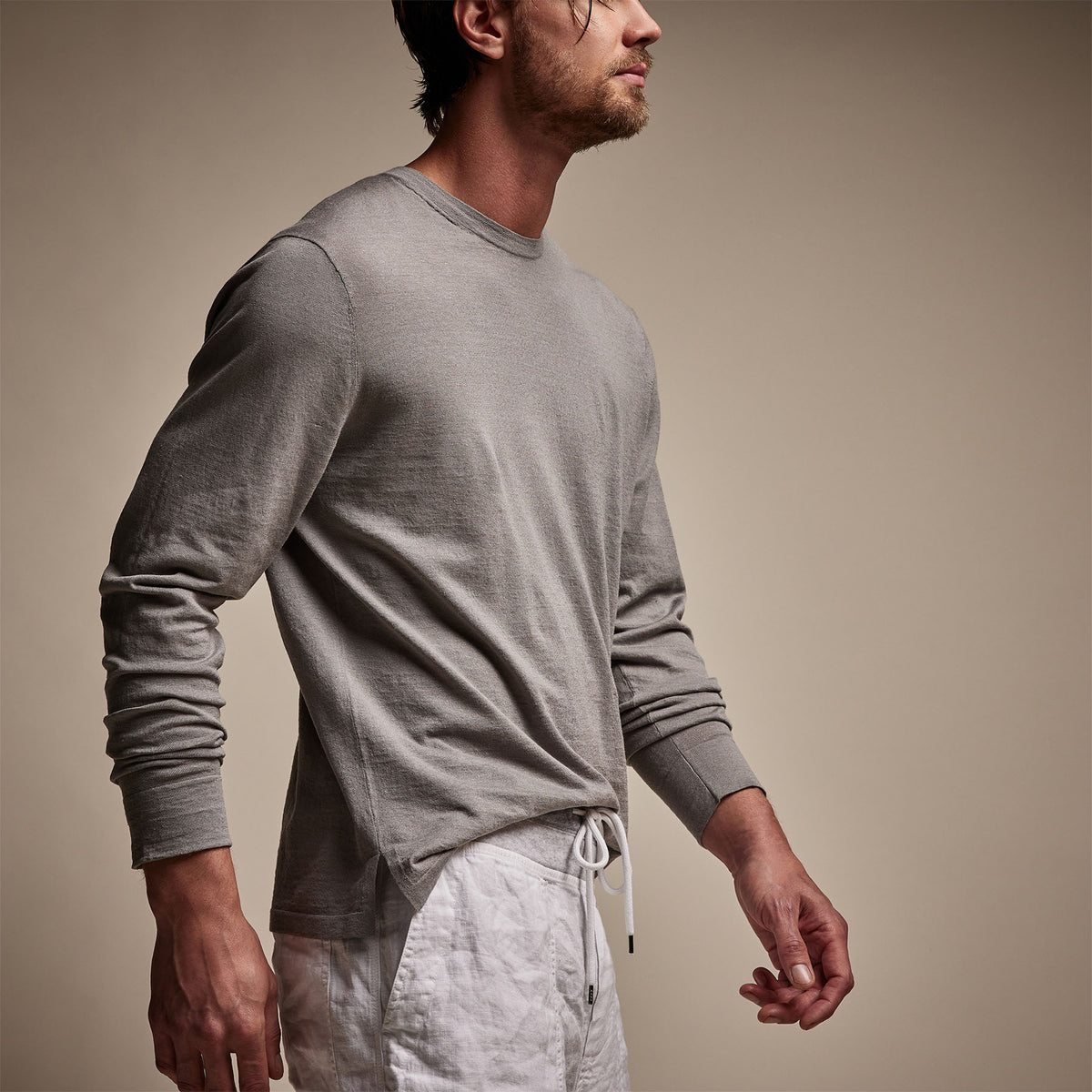 Linen Blend Long Sleeve Contrast Crew in Silver Grey/White | James Perse Los Angeles