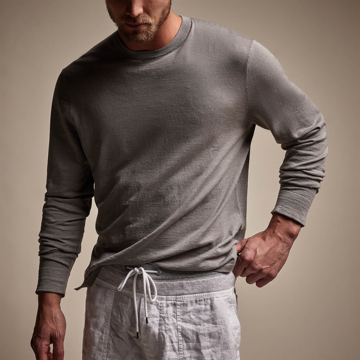 Linen Blend Long Sleeve Contrast Crew in Silver Grey/White | James Perse Los Angeles