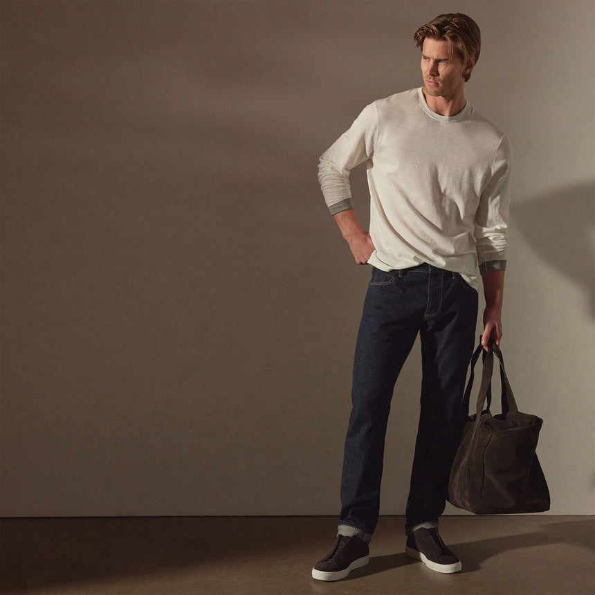 Linen Blend Long Sleeve Contrast Crew in White/Silver Grey | James Perse Los Angeles
