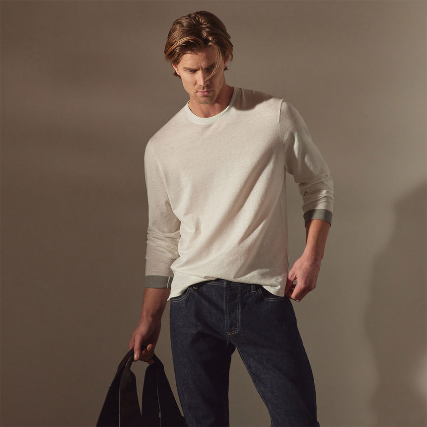Linen Blend Long Sleeve Contrast Crew in White/Silver Grey | James Perse Los Angeles
