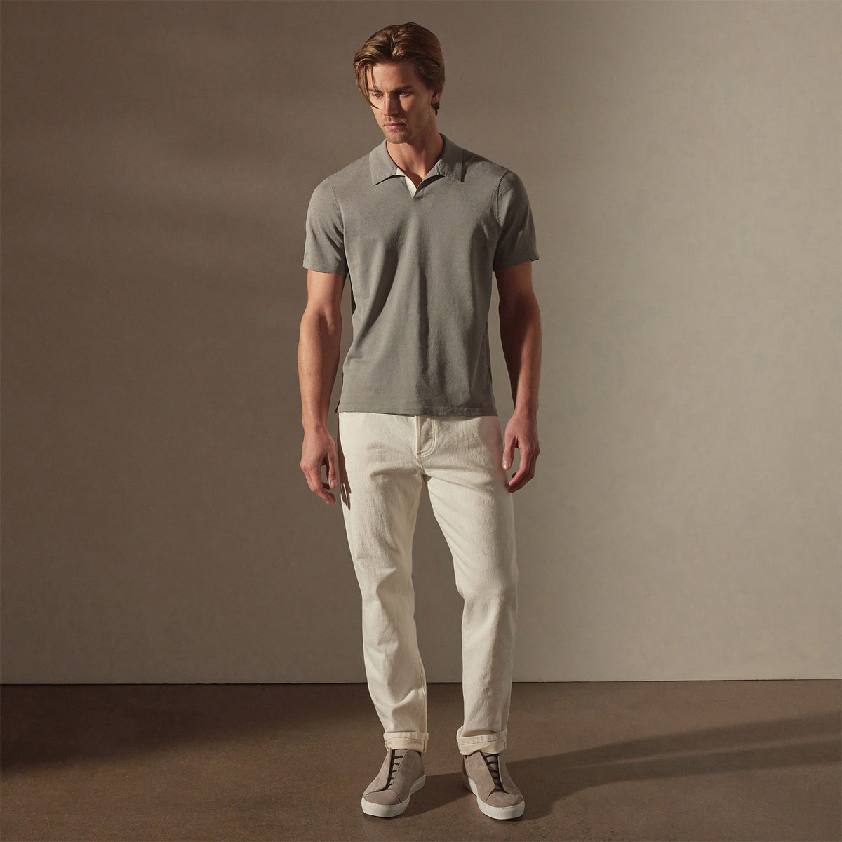 Linen Blend Contrast Polo in Silver Grey/White | James Perse Los Angeles