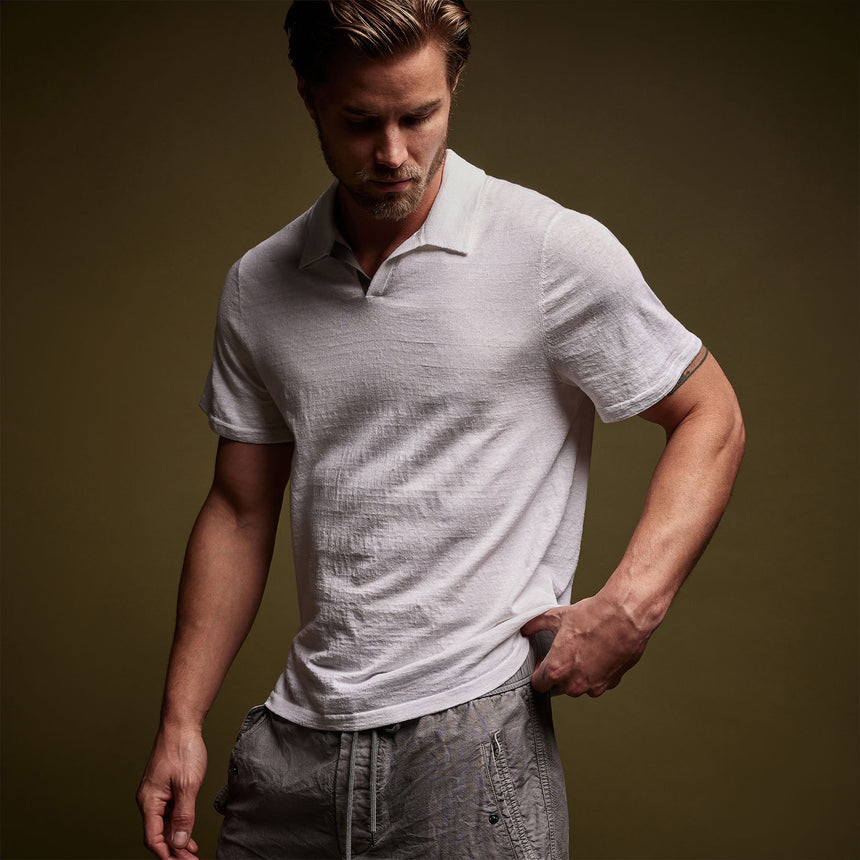 Linen Blend Contrast Polo in White/Silver Grey | James Perse Los Angeles