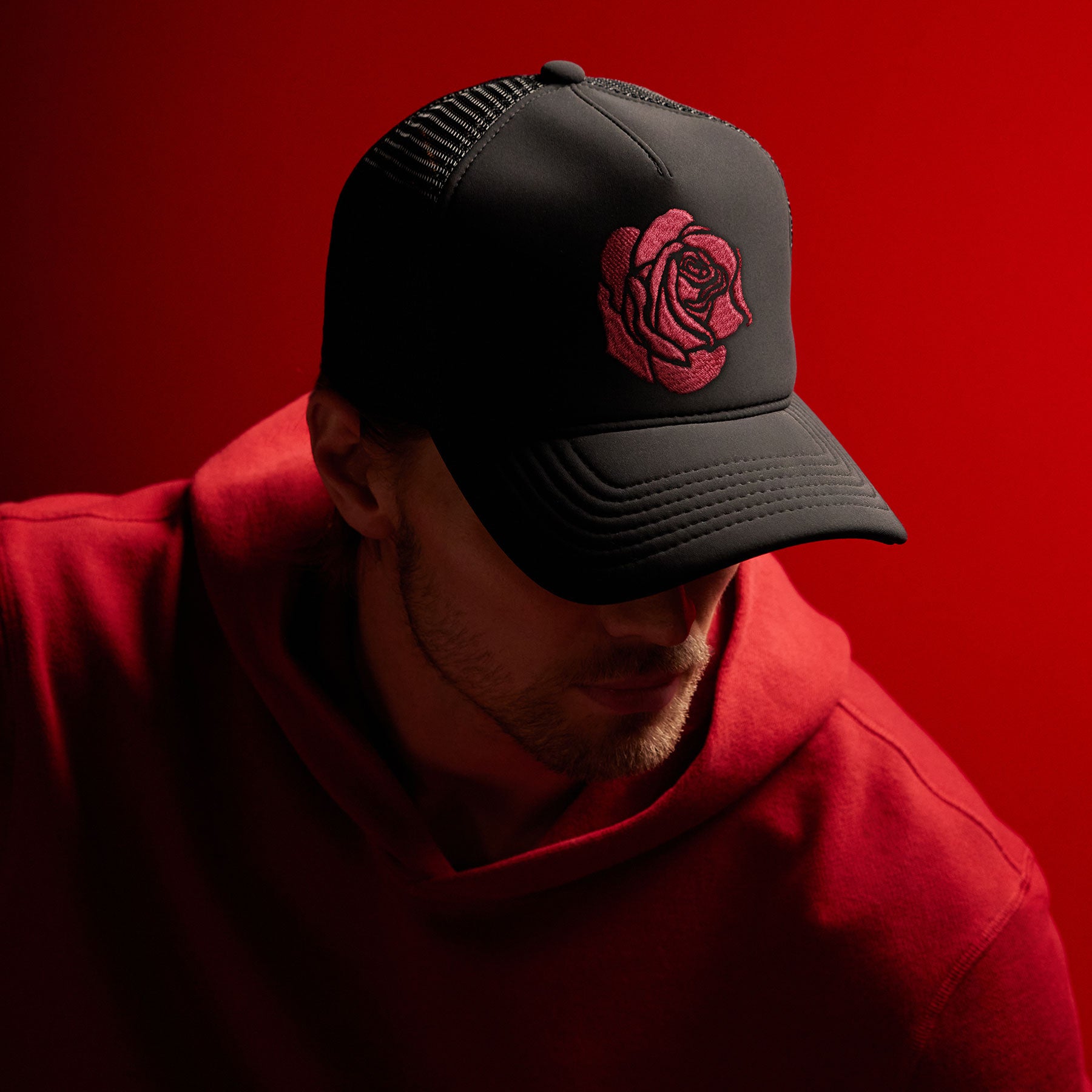 Grateful Dead Rose Embroidered Trucker Hat in Black | James Perse Los Angeles