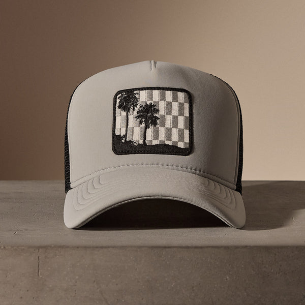 Checkered Palm Embroidered Trucker Hat in Pale Grey | James Perse Los Angeles