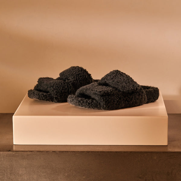 Women's Double Strap Shearling Slide in Charcoal | James Perese Los Angeles