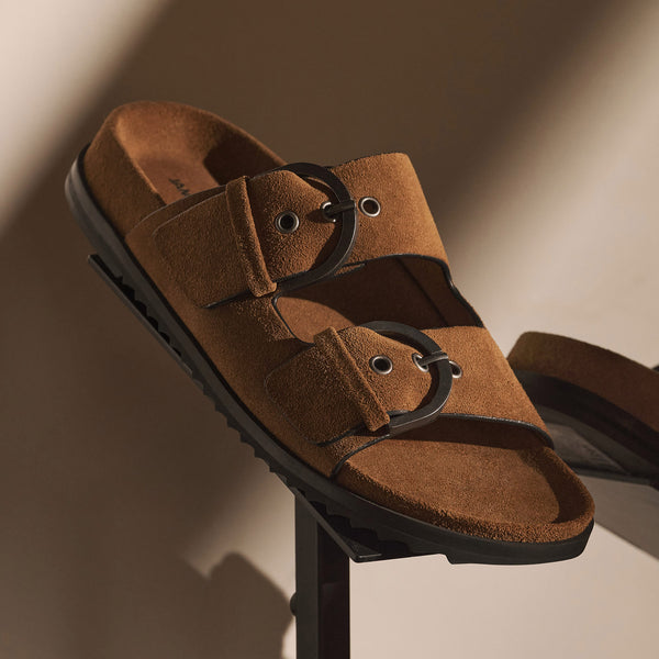 Women's Suede Double Strap Buckle Slide in Tabacco | James Perse Los Angeles