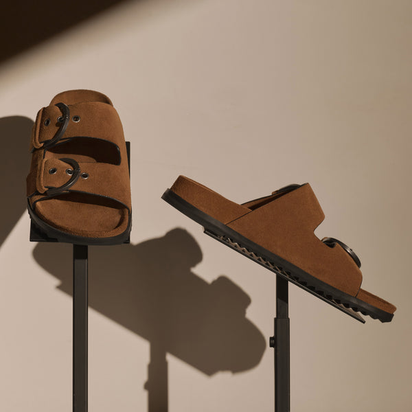 Women's Suede Double Strap Buckle Slide in Tabacco | James Perse Los Angeles
