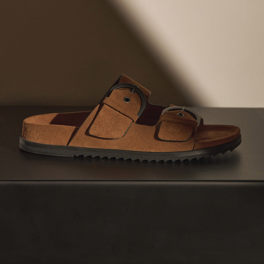 Women's Suede Double Strap Buckle Slide in Tabacco | James Perse Los Angeles