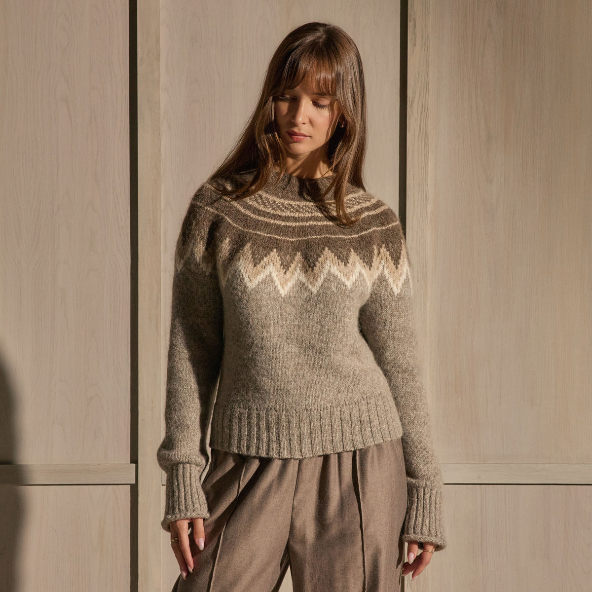 Fair Isle Crew Neck Sweater - Grey Brown Fair Isle | James Perse Los Angeles