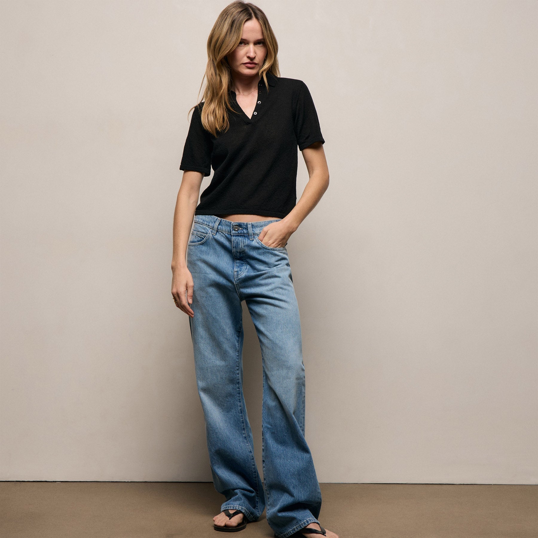 Fine Knit Short Sleeve Polo in Black | James Perse Los Angeles