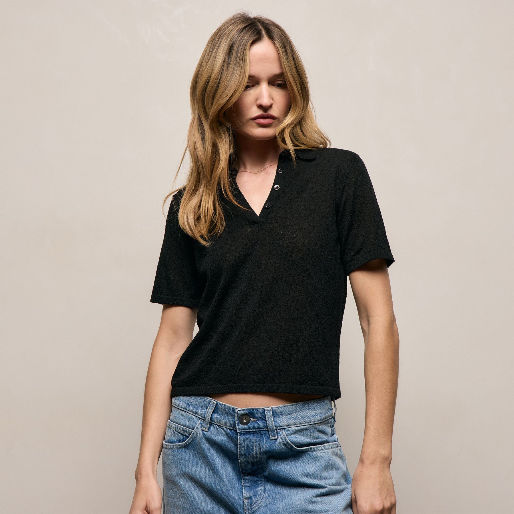 Fine Knit Short Sleeve Polo in Black | James Perse Los Angeles