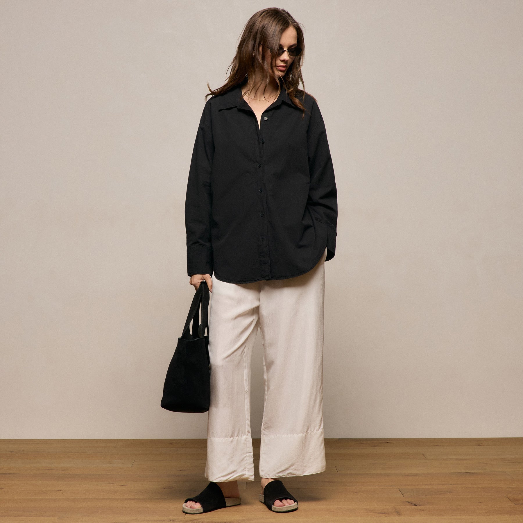Textured Cotton Oversized Shirt in Black | James Perse Los Angeles