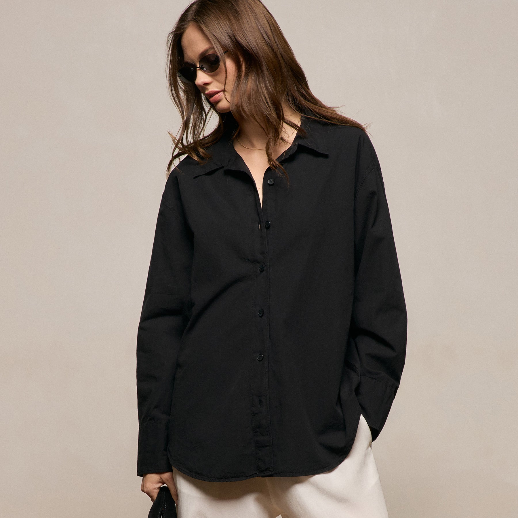 Textured Cotton Oversized Shirt in Black | James Perse Los Angeles