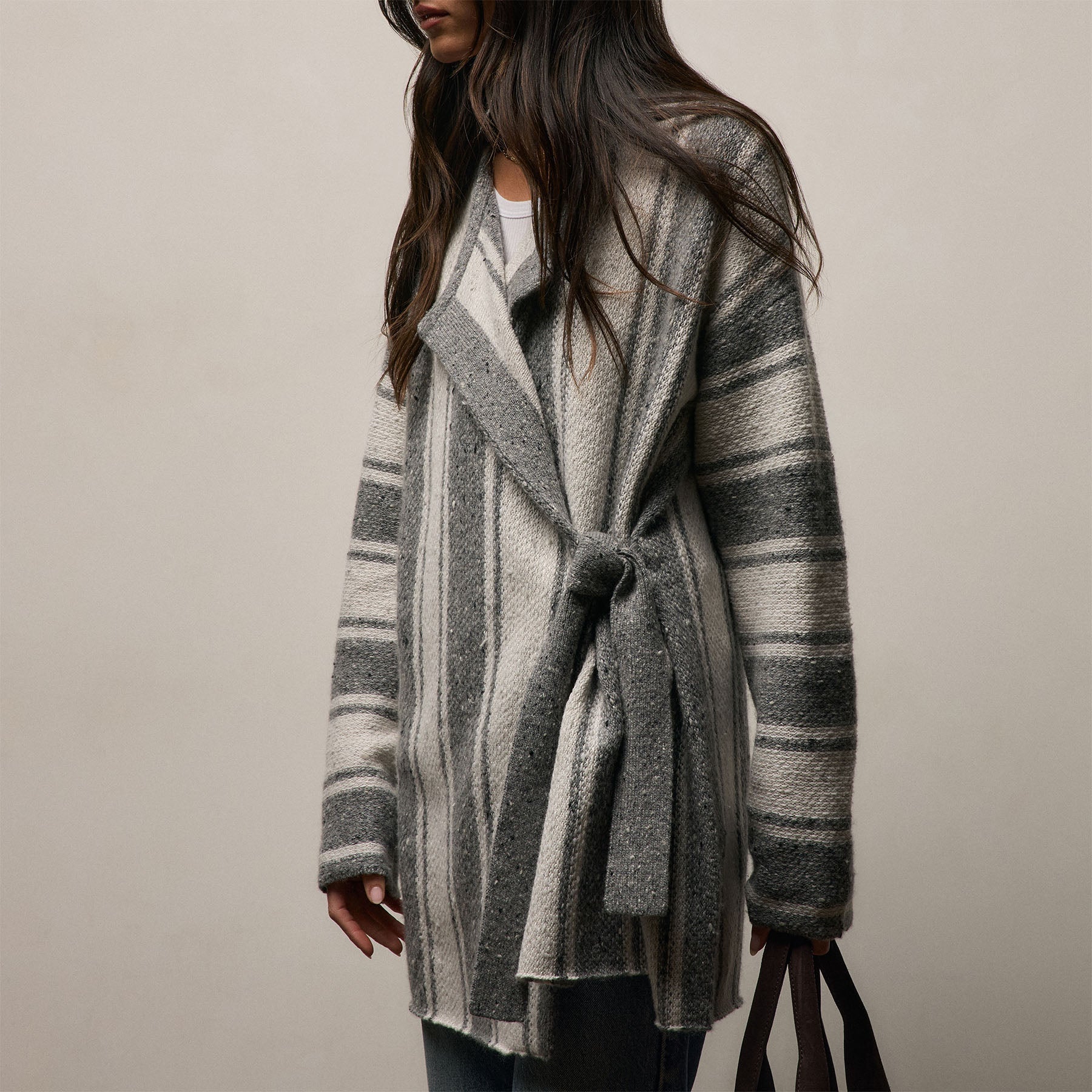 Baja Stripe Cashmere Cardigan in Heather Grey/Pearl | James Perse Los Angeles