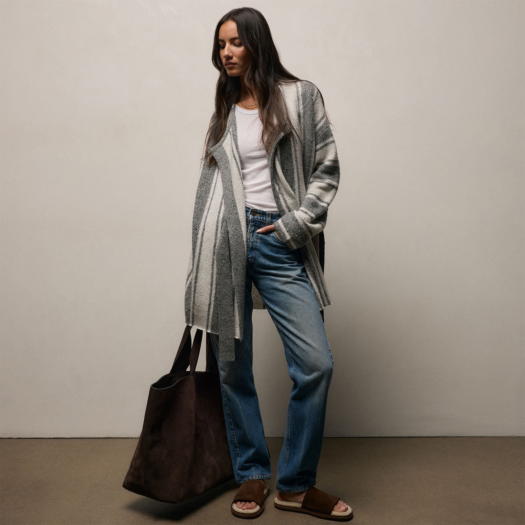 Baja Stripe Cashmere Cardigan in Heather Grey/Pearl | James Perse Los Angeles