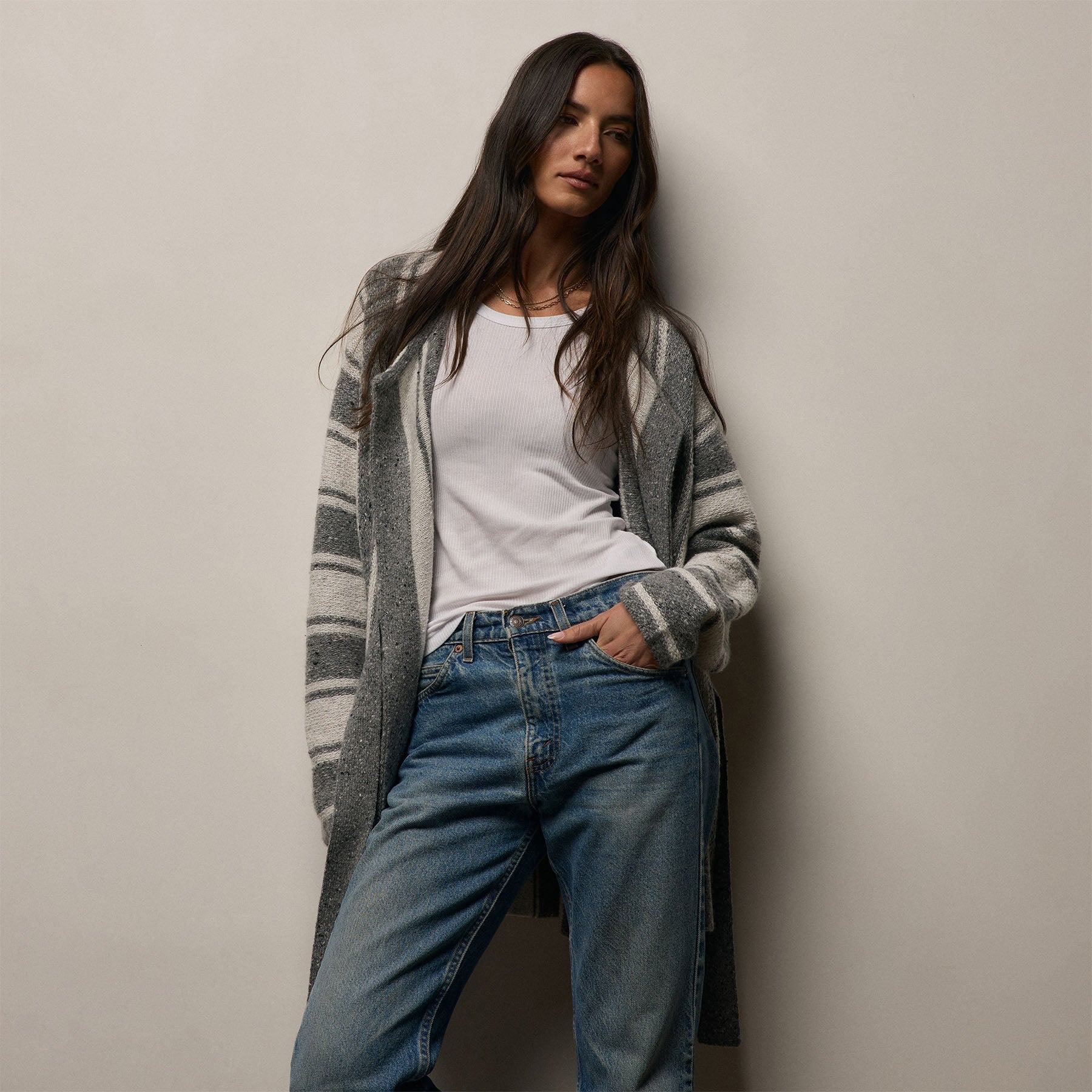 Baja Stripe Cashmere Cardigan in Heather Grey/Pearl | James Perse Los Angeles