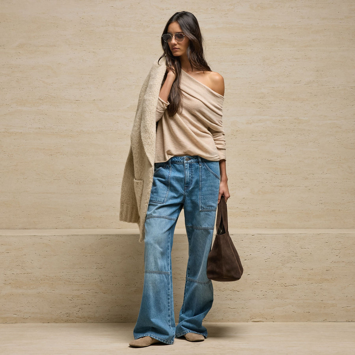 Sheer Off Shoulder Top in Light Tan Melange | James Perse Los Angeles