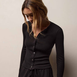 Cotton Gauze Rib Button Front in Black | James Perse Los Angeles