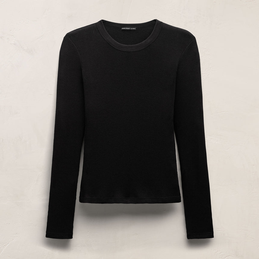 Cotton Gauze Ribbed Long Sleeve Crew - Black | James Perse Los Angeles